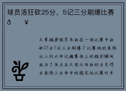 球员洛狂砍25分，5记三分刷爆比赛 🔥